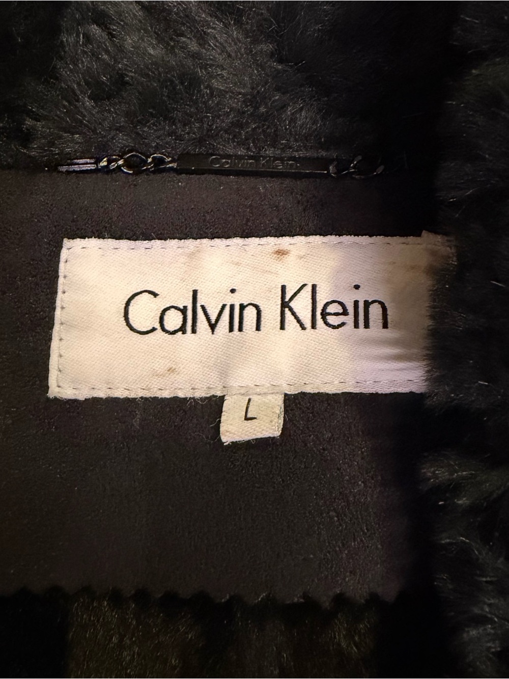 Calvin Klein Womens L Black Faux Shearling Coat Faux Fur Trim Jacket - Picture 2 of 7